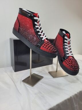 New Men Luxury Diamond Rhinestones Genuine Leather Sneakers Red&Black Shoes $225